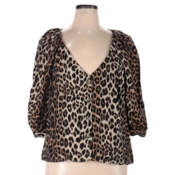 H&M Leopard Print V-Neck Button Down Elbow Length Puff Sleeve Blouse Boho Size M - Picture 2 of 10